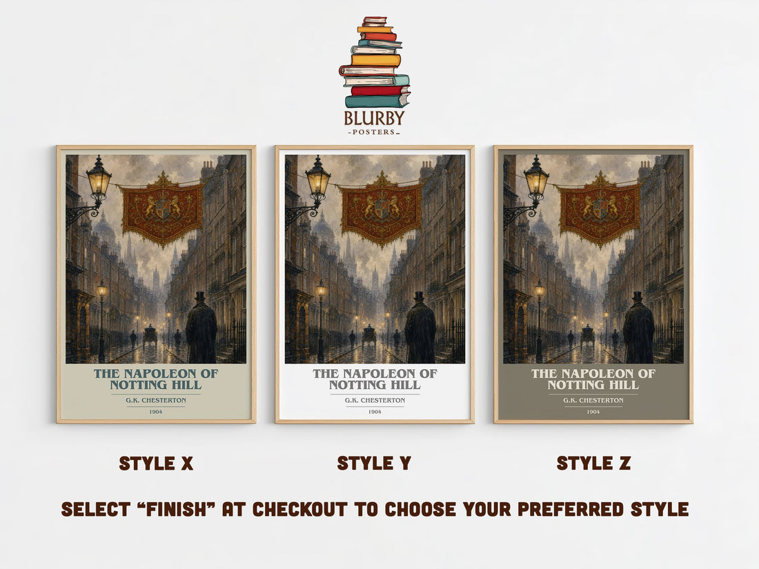 The Napoleon of Notting Hill book cover print in frame leaning in hallway – satire wall art (mockup)