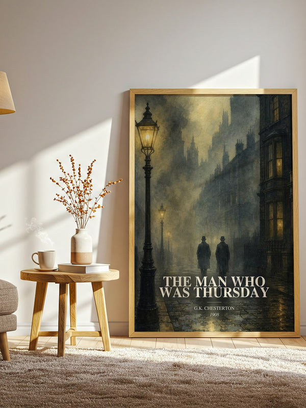 The Man Who Was Thursday watercolour print in frame leaning in hallway – mystery wall art
