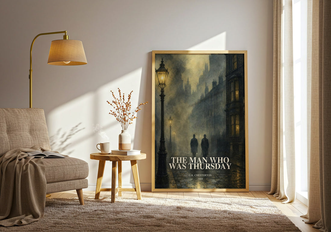 The Man Who Was Thursday watercolour print in frame leaning in hallway – mystery wall art (mockup)