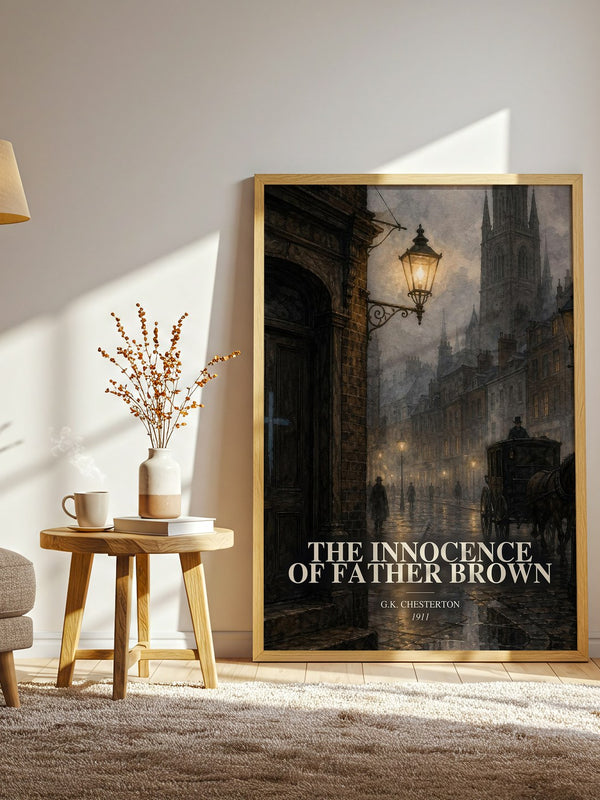 The Innocence of Father Brown watercolour print in frame leaning in hallway – mystery wall art
