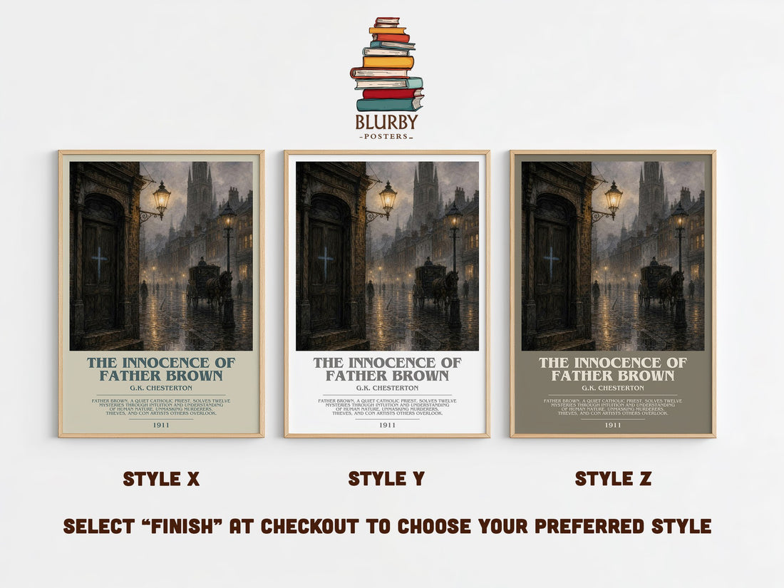 The Innocence of Father Brown bookish print in frame leaning in hallway – mystery wall art (mockup)