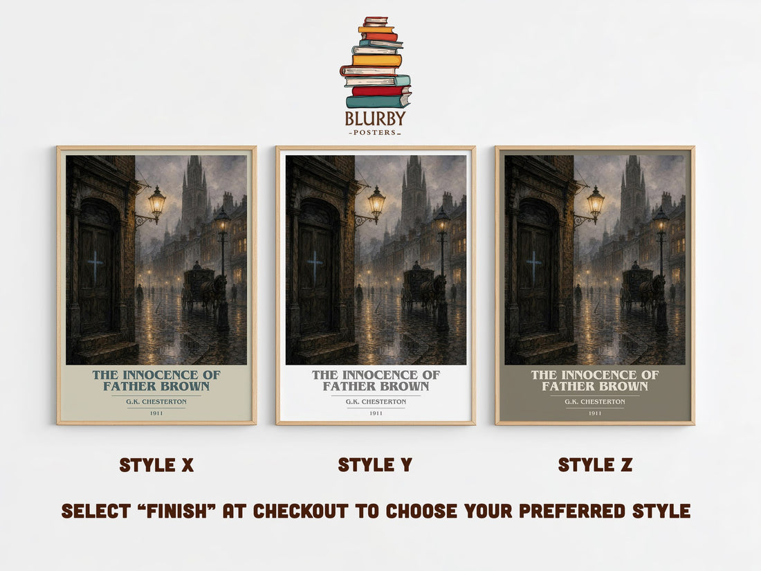 The Innocence of Father Brown book cover print in frame leaning in hallway – mystery wall art (mockup)