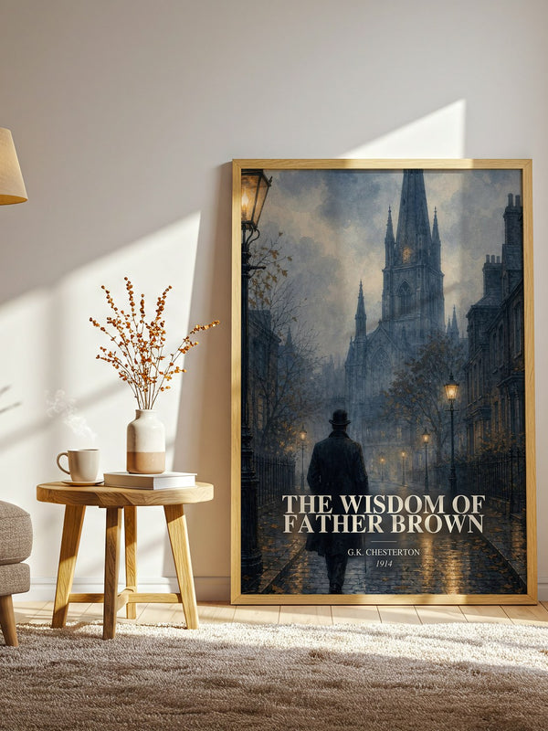 The Wisdom of Father Brown watercolour print in frame leaning in hallway – mystery wall art