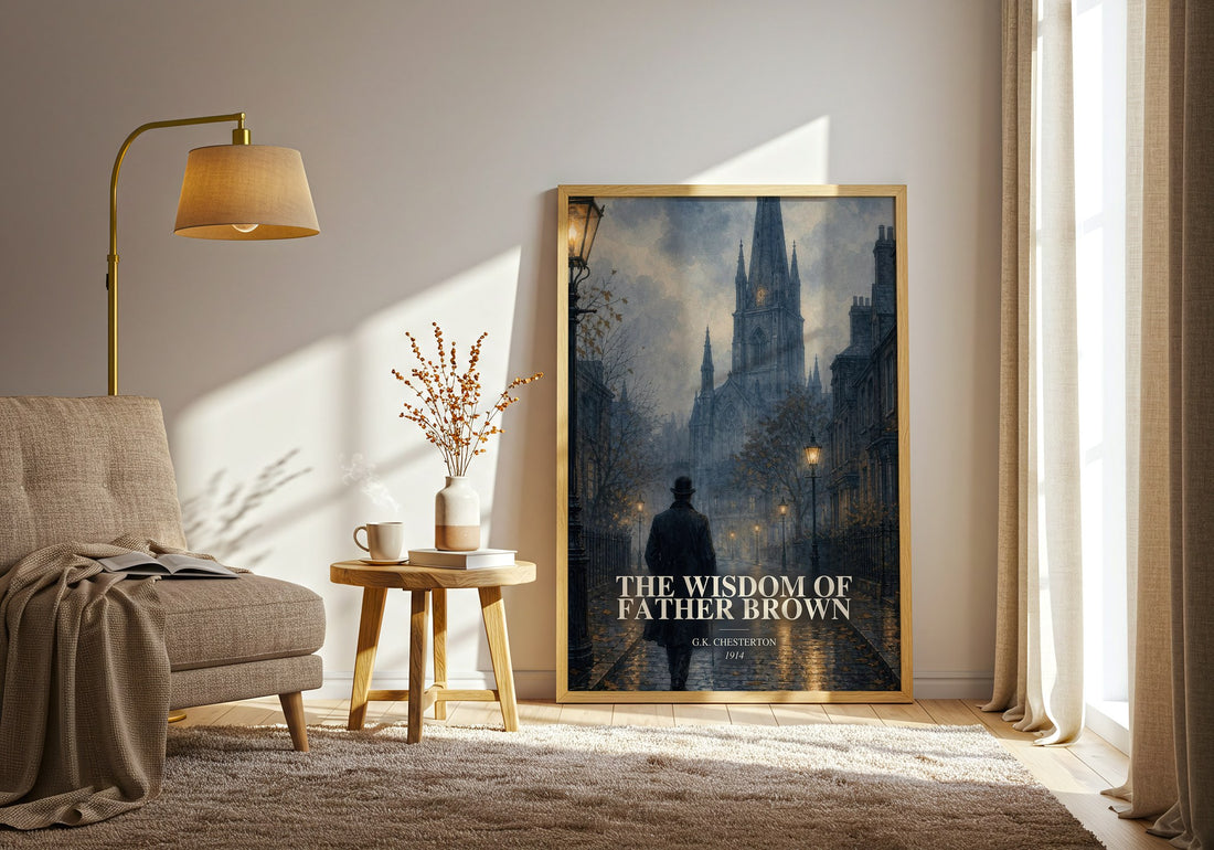 The Wisdom of Father Brown watercolour print in frame leaning in hallway – mystery wall art (mockup)