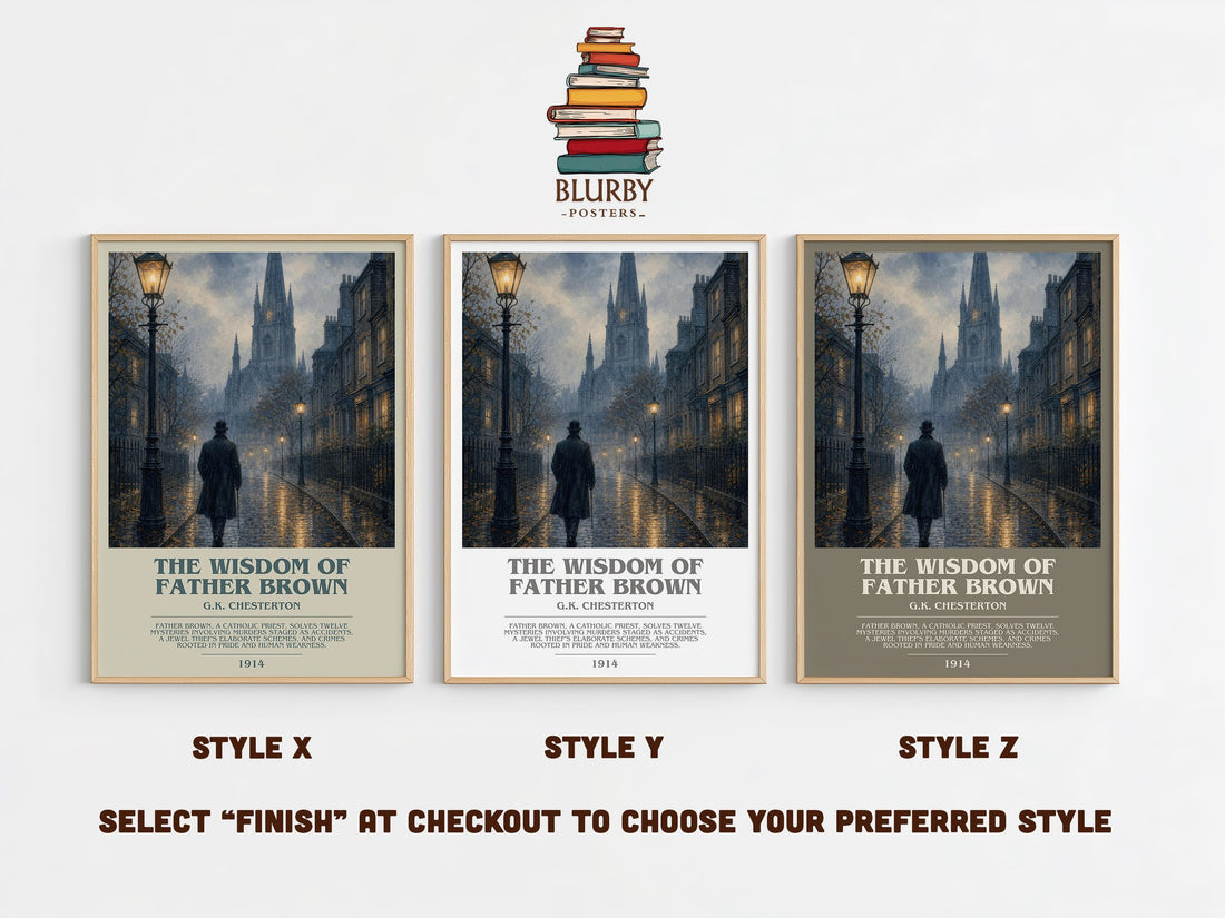 The Wisdom of Father Brown bookish print in frame leaning in hallway – mystery wall art (mockup)