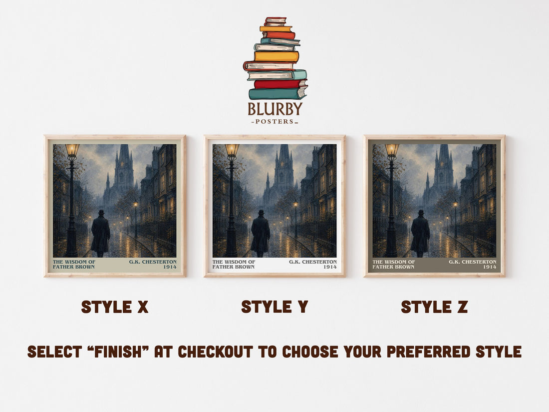 The Wisdom of Father Brown literary print in frame leaning in hallway – mystery wall art (mockup)