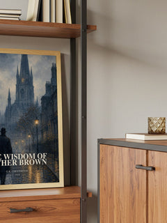Wisdom of Father Brown Book Watercolour Illustration by G. Chesterton – framed print on a shelf by a wooden cabinet