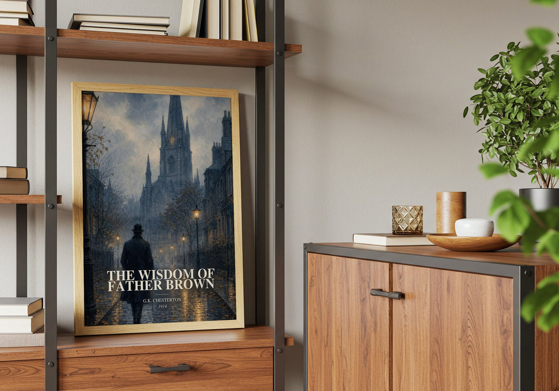 Wisdom of Father Brown Book Watercolour Illustration by G. Chesterton – framed print on a shelf by a wooden cabinet