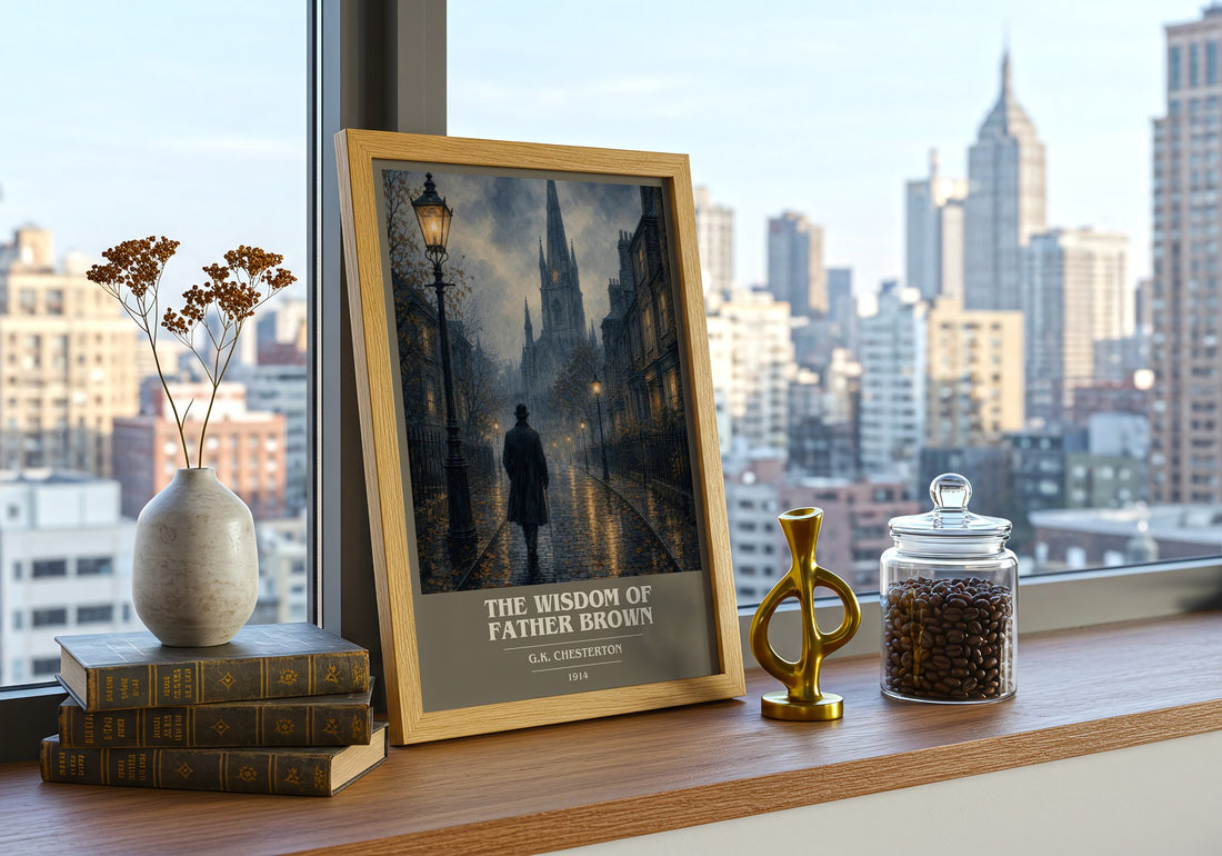 The Wisdom of Father Brown book cover print framed by window – literary home decor