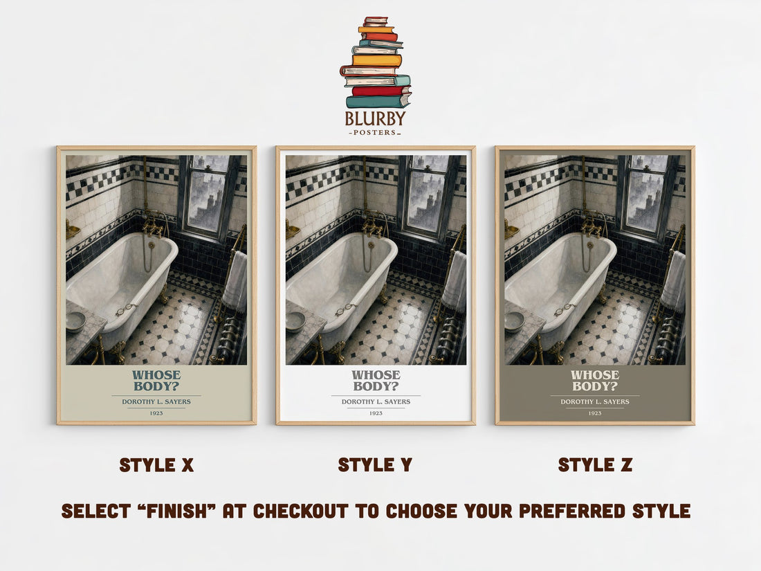 Whose Body? book cover print in frame leaning in hallway – mystery wall art (mockup)