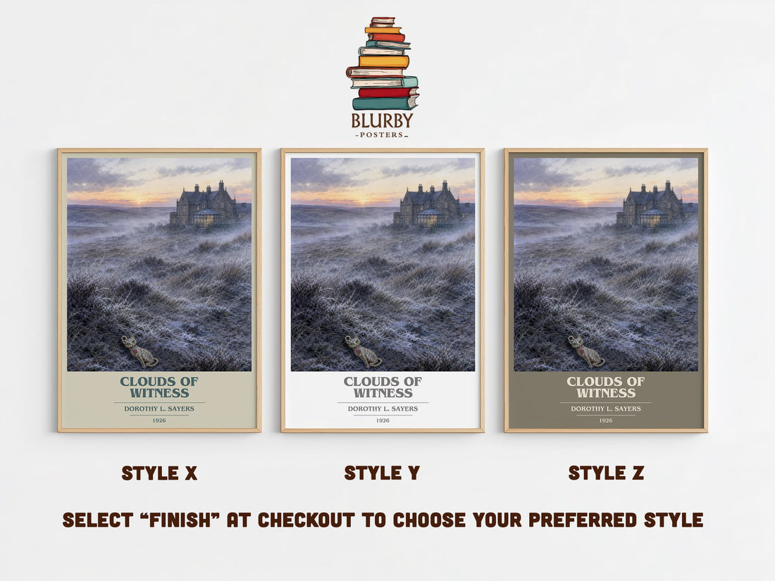 Clouds of Witness book cover print in frame leaning in hallway – mystery wall art (mockup)