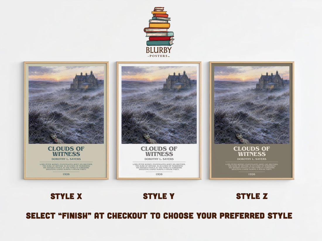 Clouds of Witness bookish print in frame leaning in hallway – mystery wall art (mockup)