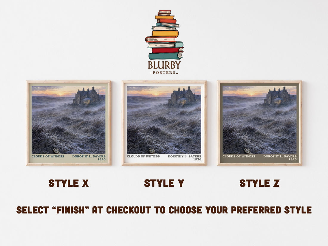 Clouds of Witness literary print in frame leaning in hallway – mystery wall art (mockup)