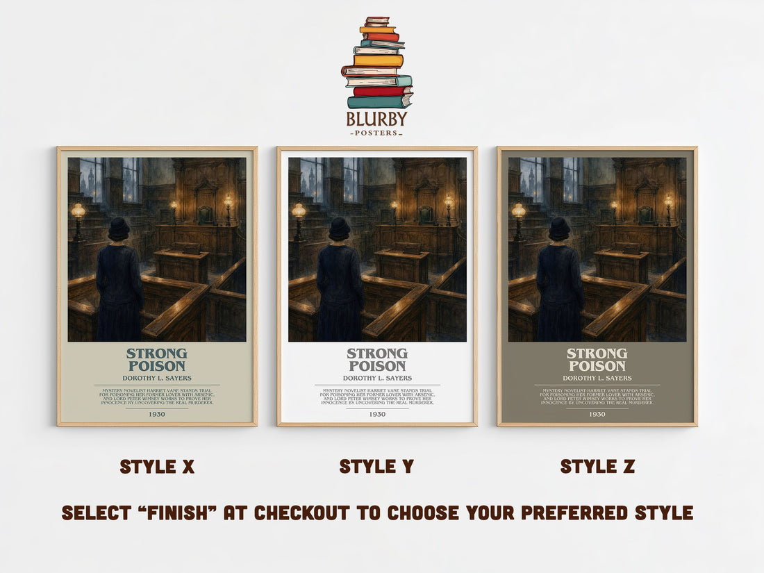 Strong Poison bookish print in frame leaning in hallway – mystery wall art (mockup)