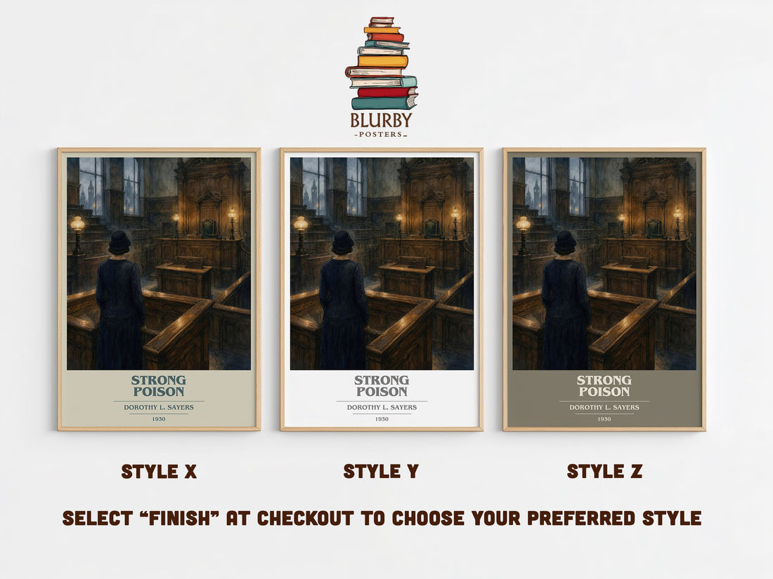Strong Poison book cover print in frame leaning in hallway – mystery wall art (mockup)