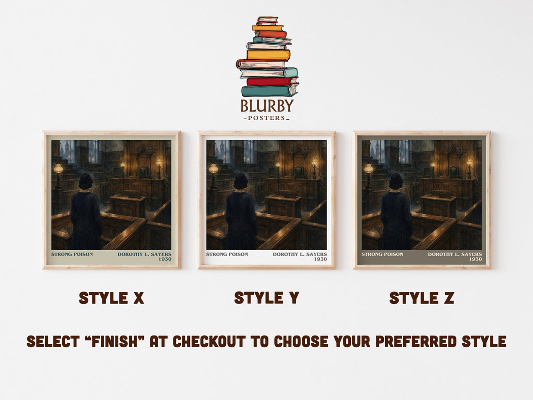 Strong Poison literary print in frame leaning in hallway – mystery wall art (mockup)