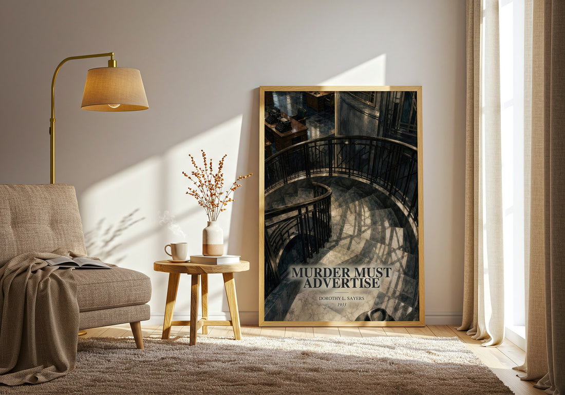 Murder Must Advertise watercolour print in frame leaning in hallway – mystery wall art (mockup)
