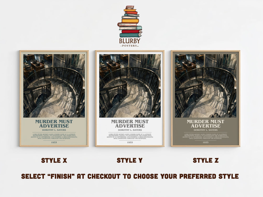 Murder Must Advertise bookish print in frame leaning in hallway – mystery wall art (mockup)