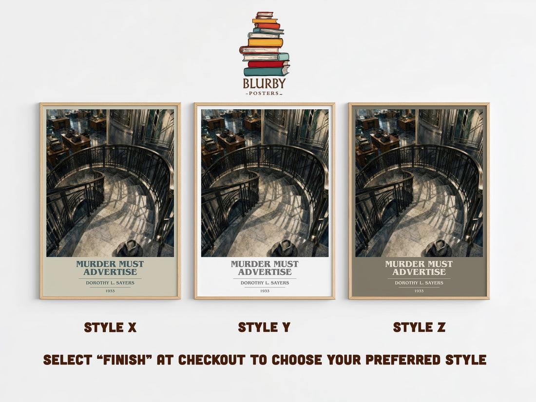 Murder Must Advertise book cover print in frame leaning in hallway – mystery wall art (mockup)