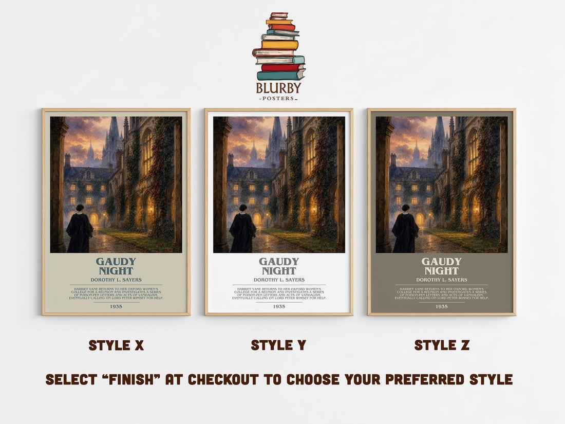 Gaudy Night bookish print in frame leaning in hallway – mystery wall art (mockup)