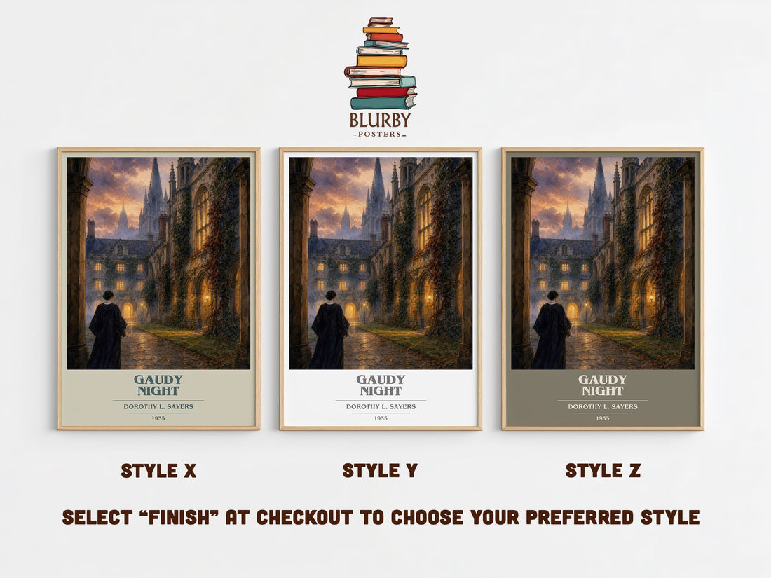 Gaudy Night book cover print in frame leaning in hallway – mystery wall art (mockup)