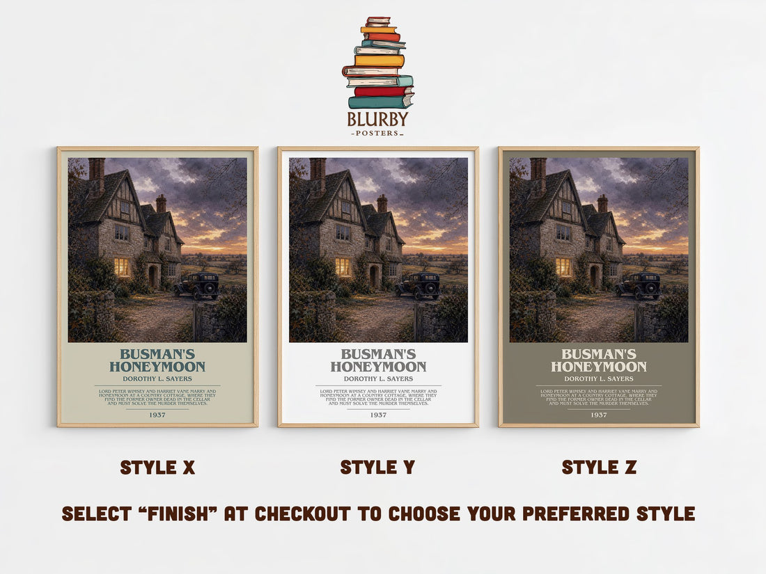 Busman's Honeymoon bookish print in frame leaning in hallway – mystery wall art (mockup)