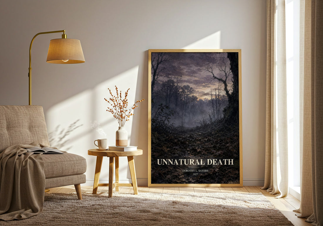 Unnatural Death watercolour print in frame leaning in hallway – mystery wall art (mockup)