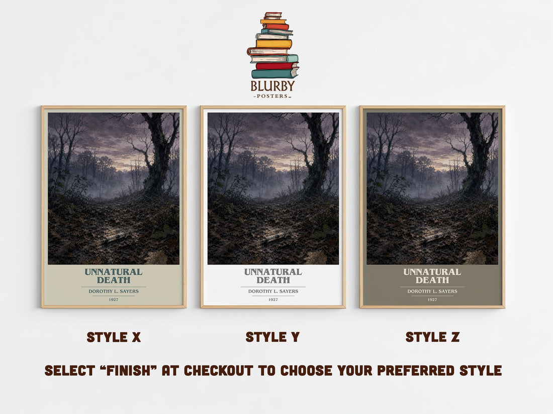 Unnatural Death book cover print in frame leaning in hallway – mystery wall art (mockup)