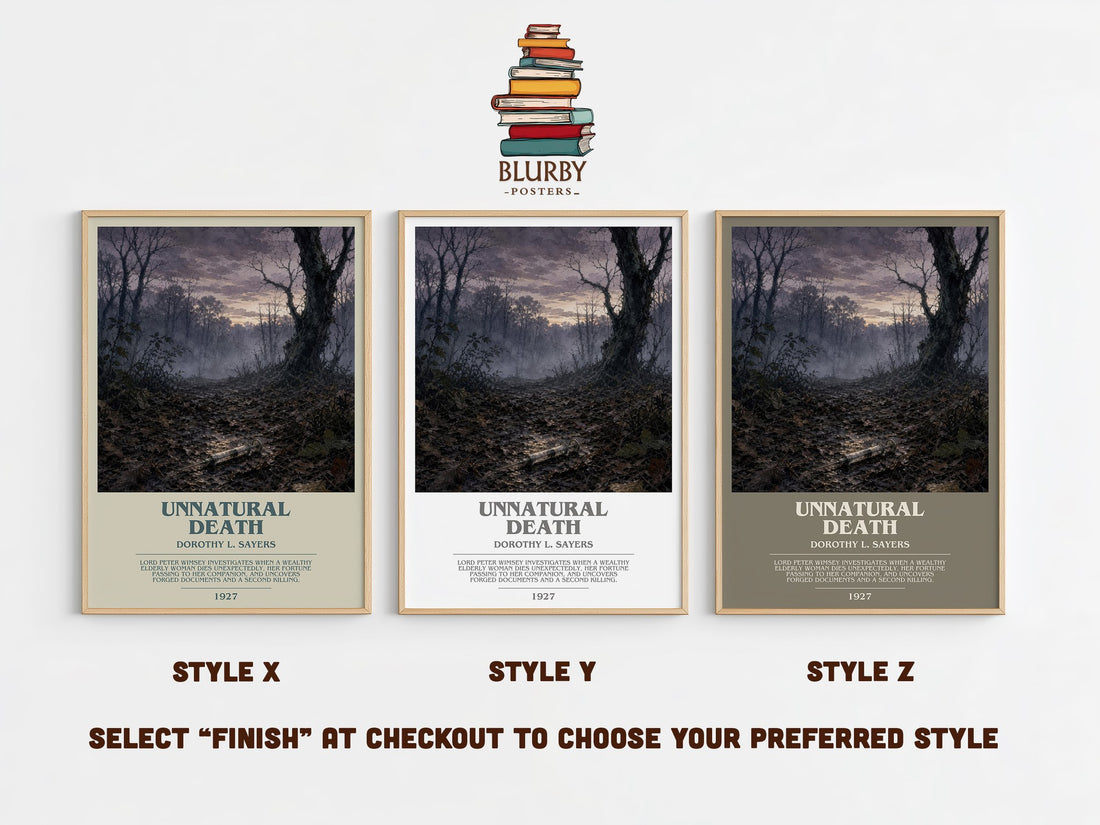 Unnatural Death bookish print in frame leaning in hallway – mystery wall art (mockup)