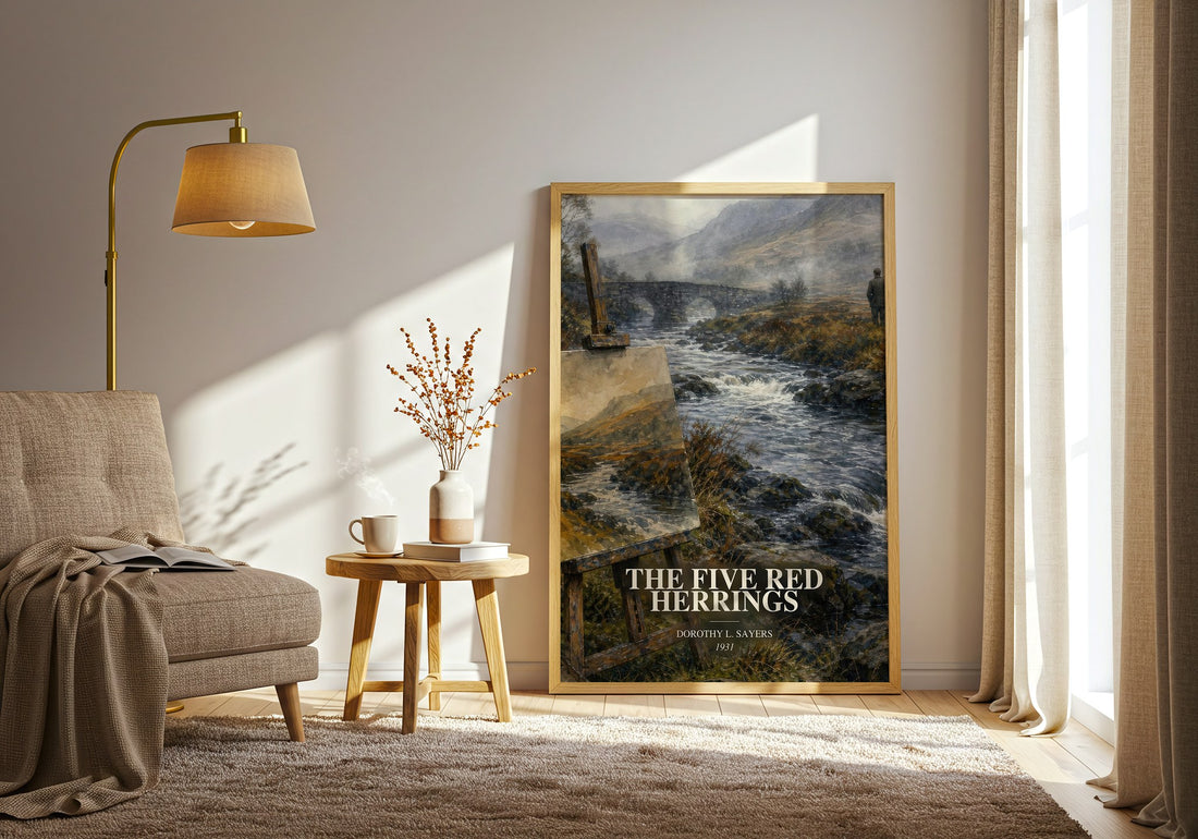 The Five Red Herrings watercolour print in frame leaning in hallway – mystery wall art (mockup)