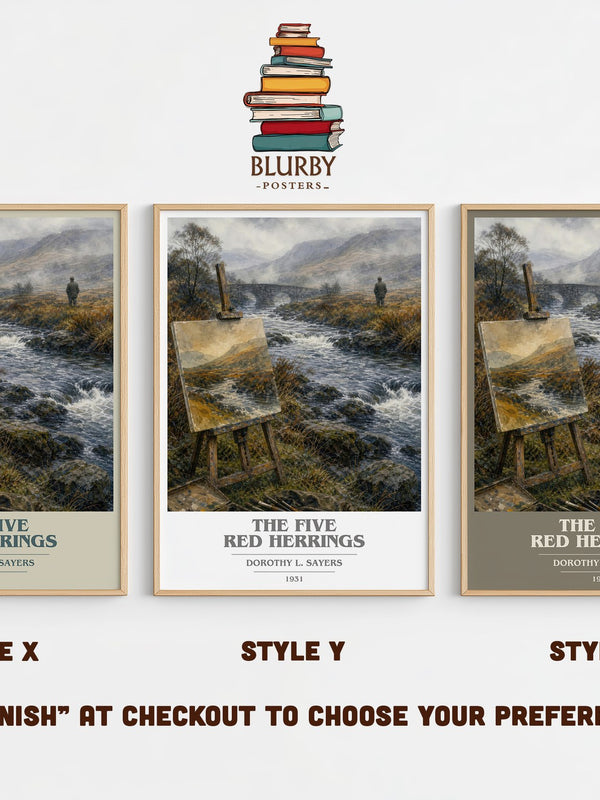The Five Red Herrings book cover print in frame leaning in hallway – mystery wall art
