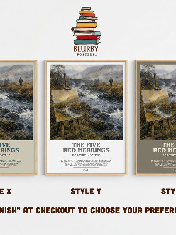 The Five Red Herrings bookish print in frame leaning in hallway – mystery wall art