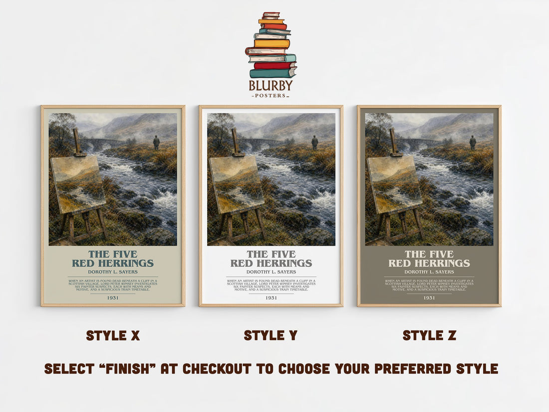 The Five Red Herrings bookish print in frame leaning in hallway – mystery wall art (mockup)