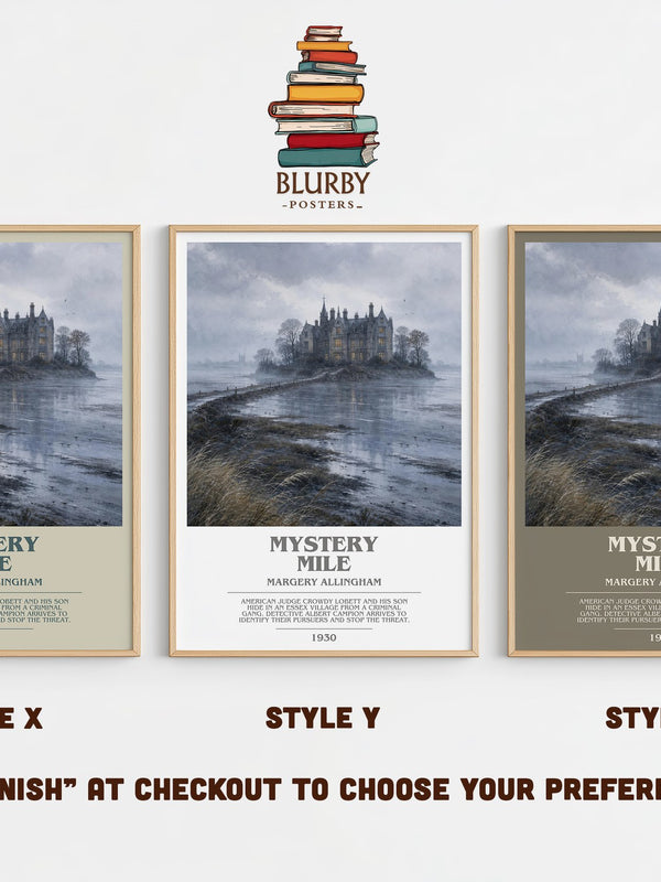 Mystery Mile bookish print in frame leaning in hallway – mystery wall art