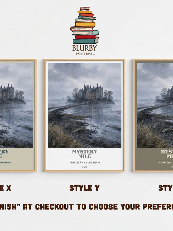 Mystery Mile book cover print in frame leaning in hallway – mystery wall art