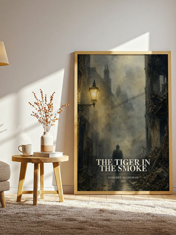 The Tiger in the Smoke watercolour print in frame leaning in hallway – crime wall art