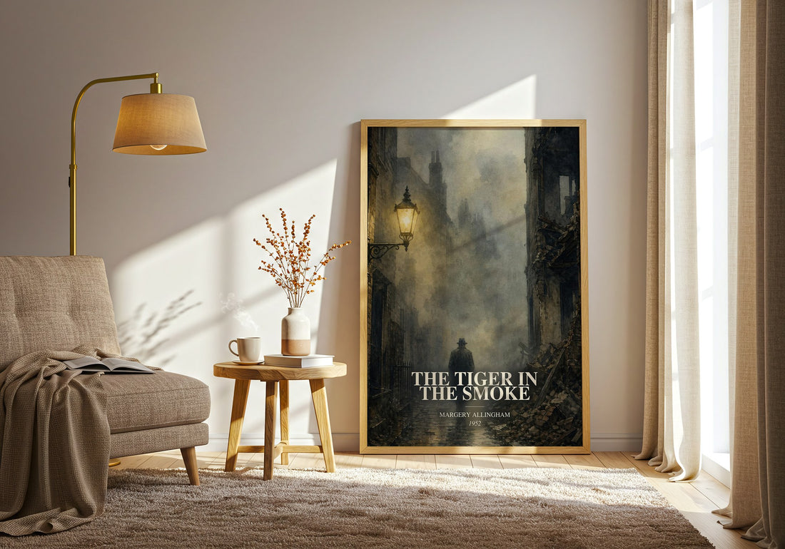 The Tiger in the Smoke watercolour print in frame leaning in hallway – crime wall art (mockup)