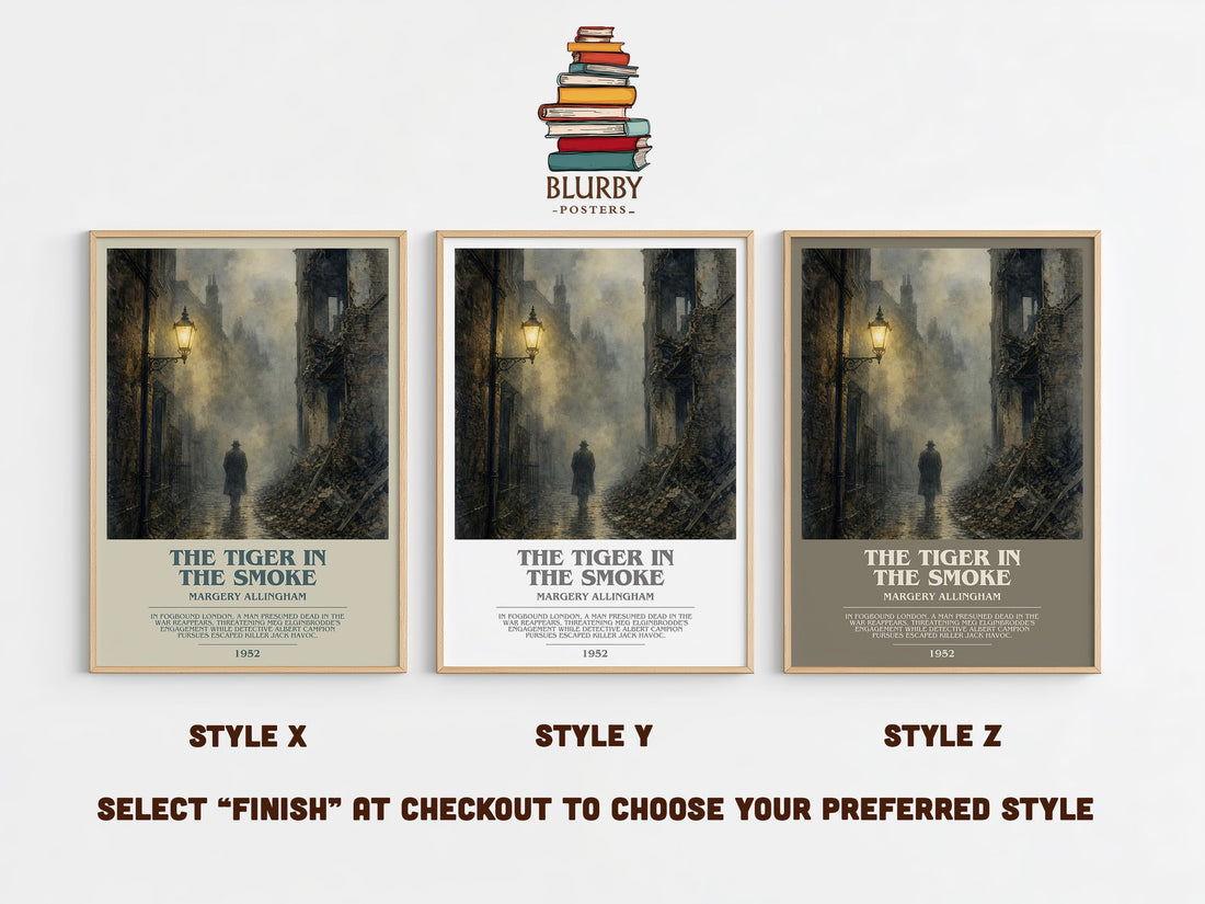 The Tiger in the Smoke bookish print in frame leaning in hallway – crime wall art (mockup)