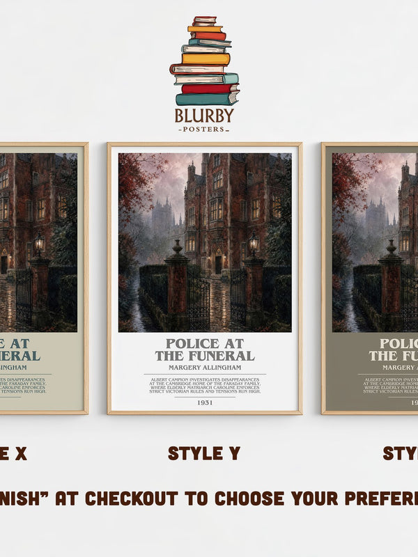 Police at the Funeral bookish print in frame leaning in hallway – mystery wall art
