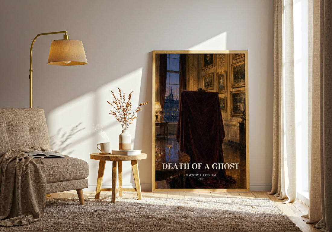 Death of a Ghost watercolour print in frame leaning in hallway – mystery wall art (mockup)