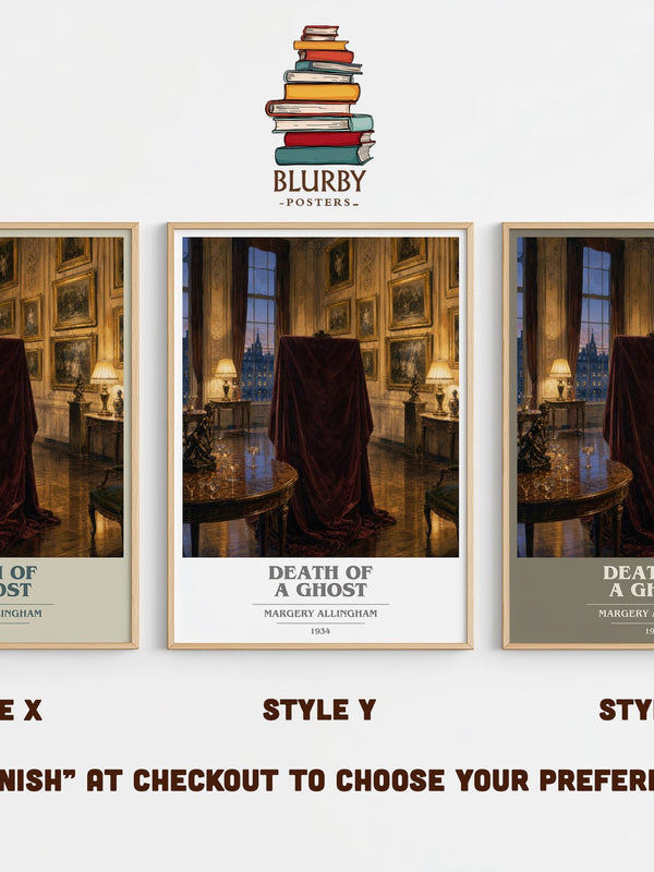 Death of a Ghost book cover print in frame leaning in hallway – mystery wall art