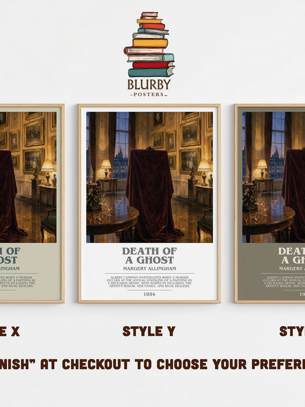 Death of a Ghost bookish print in frame leaning in hallway – mystery wall art