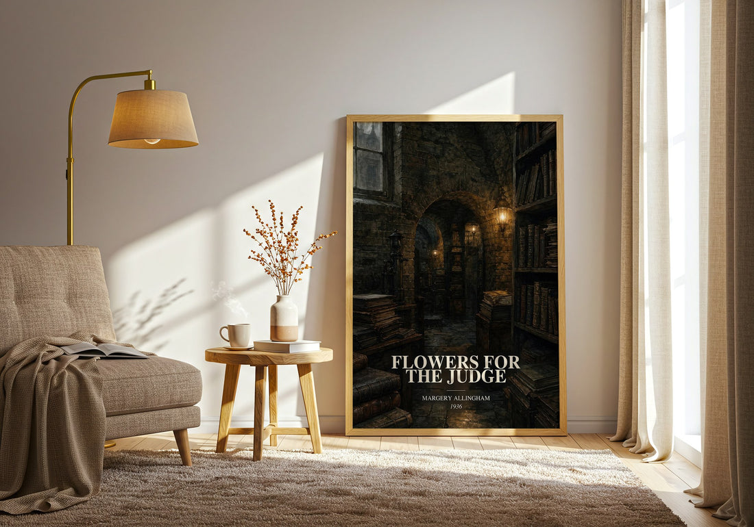 Flowers for the Judge watercolour print in frame leaning in hallway – mystery wall art (mockup)