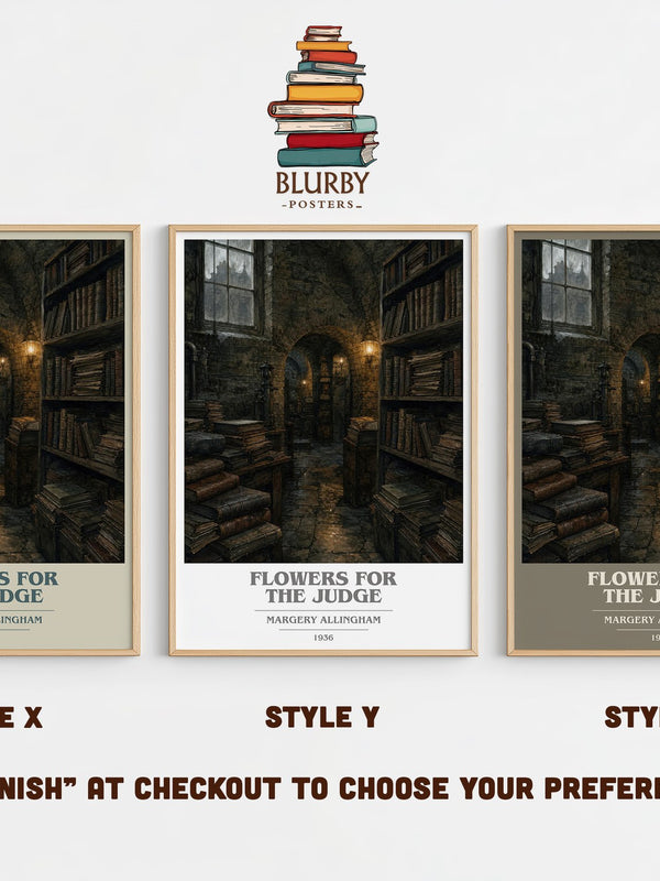 Flowers for the Judge book cover print in frame leaning in hallway – mystery wall art