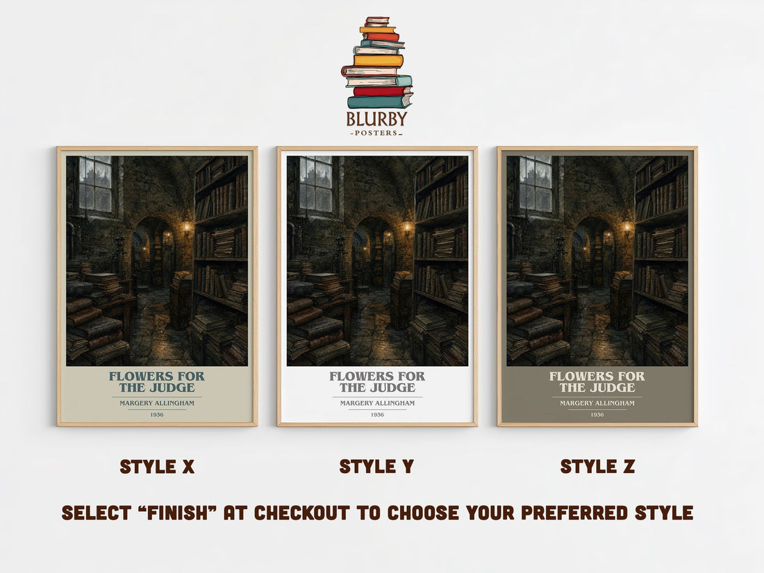 Flowers for the Judge book cover print in frame leaning in hallway – mystery wall art (mockup)