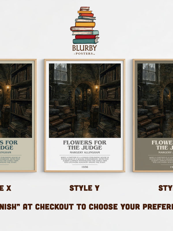 Flowers for the Judge bookish print in frame leaning in hallway – mystery wall art