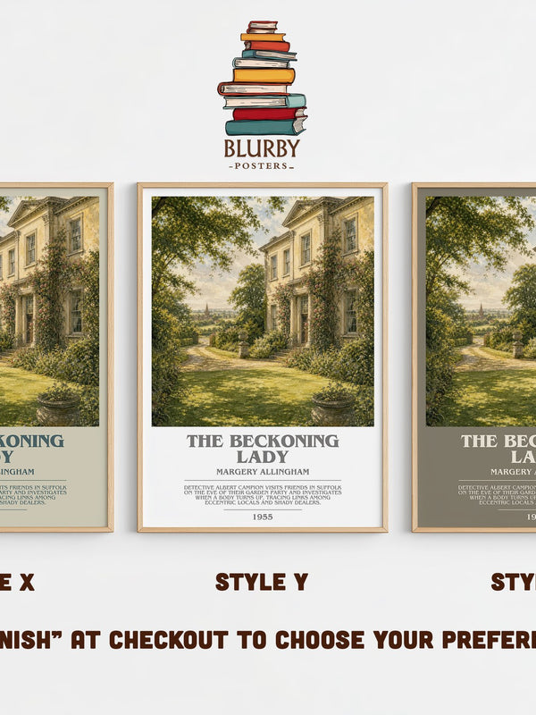 The Beckoning Lady bookish print in frame leaning in hallway – mystery wall art