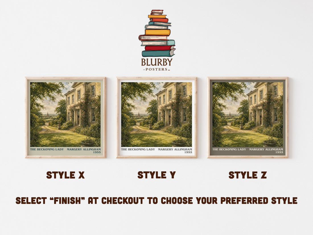 The Beckoning Lady literary print in frame leaning in hallway – mystery wall art (mockup)