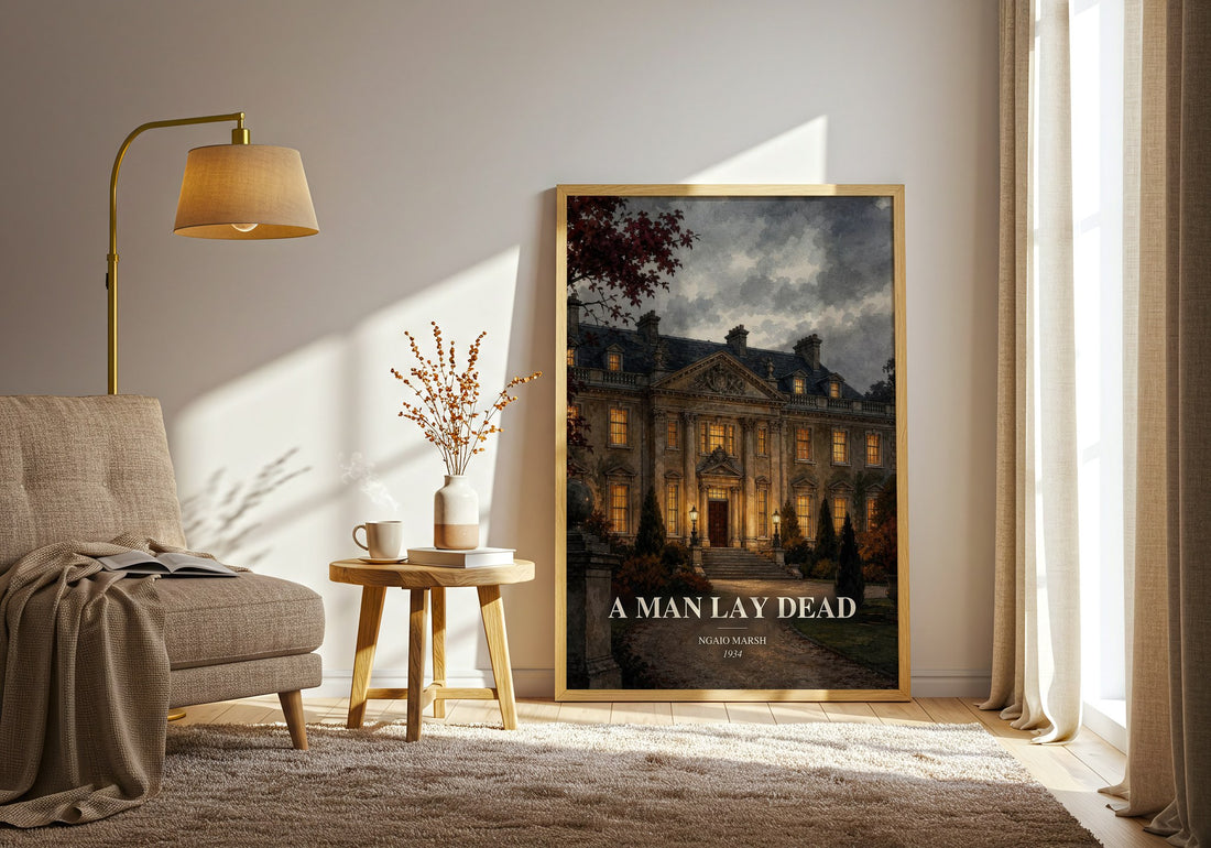 A Man Lay Dead watercolour print in frame leaning in hallway – mystery wall art (mockup)