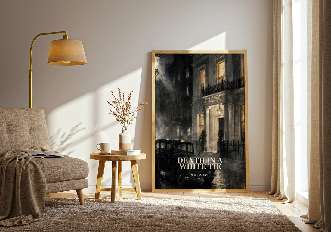 Death in a White Tie watercolour print in frame leaning in hallway – mystery wall art (mockup)